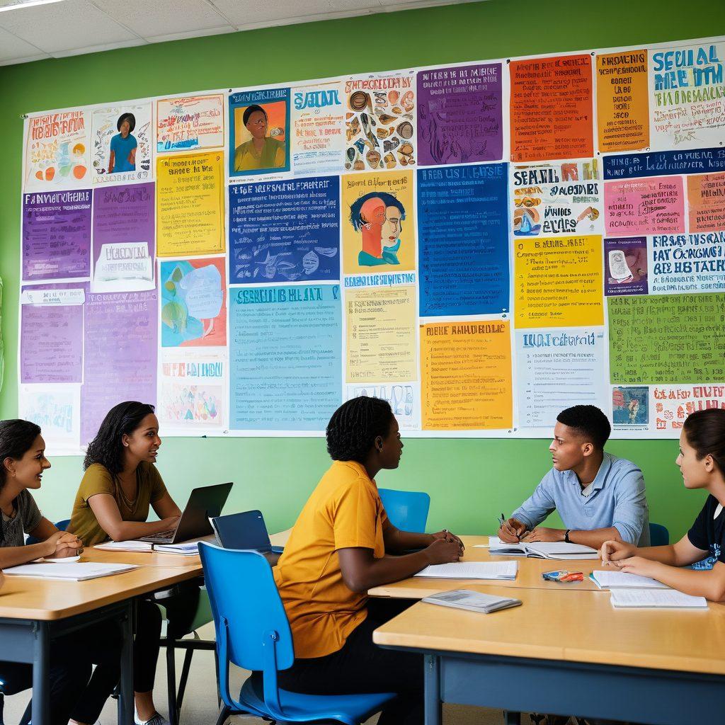Create an engaging scene showcasing a diverse group of individuals in a modern classroom setting discussing sexuality. Include elements like educational posters, laptops, and books on sexual health, while contrasting it with subtle silhouettes of cam models in the background to hint at the transition from adult entertainment to education. Emphasize warmth and inclusivity with vibrant colors, and a bright, inviting atmosphere. painted illustration. vibrant colors.