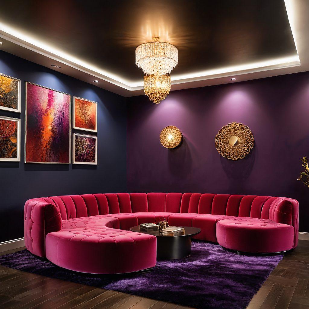 A vibrant and enticing scene depicting an eclectic adult entertainment space, featuring luxurious furnishings, mood lighting, and diverse artistic representations of sexual wellness. Include subtle nods to educational elements, like books and informative materials scattered throughout. The atmosphere should feel playful yet sophisticated, appealing to curiosity and exploration. bold colors, soft shadows, and layers of textures. super-realistic.