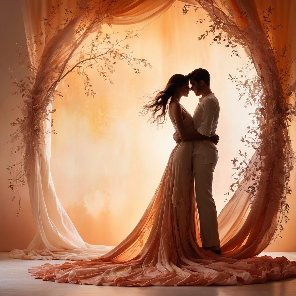 An artistic depiction of intertwined silhouettes representing intimacy and connection, surrounded by soft, flowing fabrics that evoke sensuality. Include subtle, suggestive symbols of pleasure, like feathers and vines, softly illuminated by warm, inviting light. The background should be abstract, swirling colors that evoke a sense of fantasy and exploration. watercolors. ethereal. warm tones.